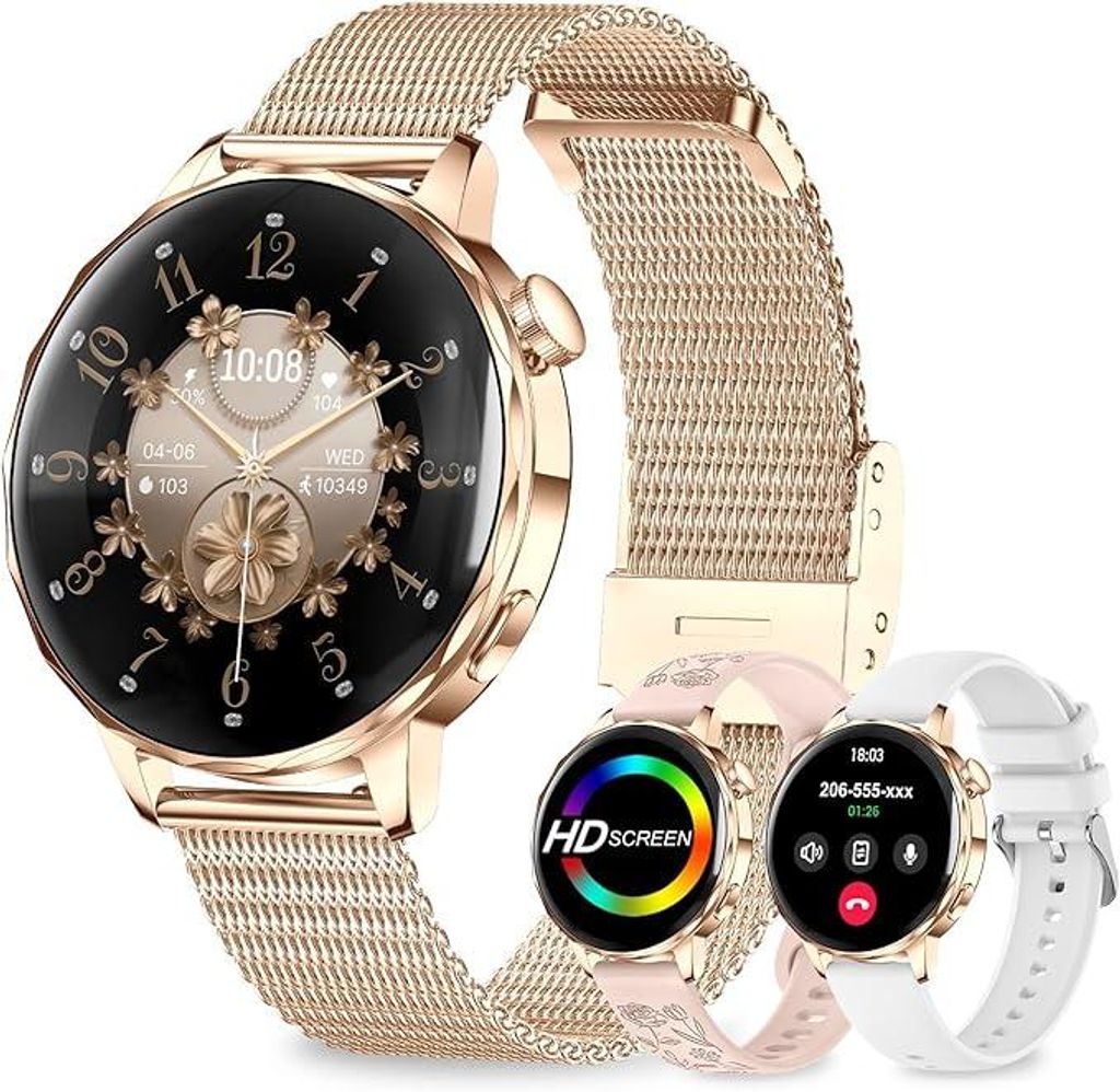 Smartwatch Damen mit Telefonfunktion,1.27" HD 3D-gebogener Bildschirm,3 Armbänder,HR/Schritte/Kalorien/Blutdruck/Schlaf,120 Sportmodi,IP68 Fitnessuhr
