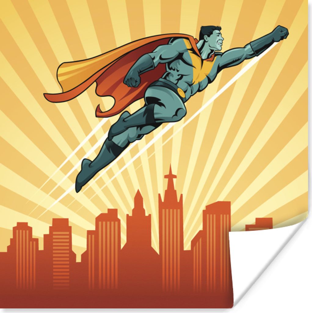 MuchoWow Poster Illustration eines fliegenden Superhelden mit Umhang für Kinder 75x75 cm - Wand Dekoration
