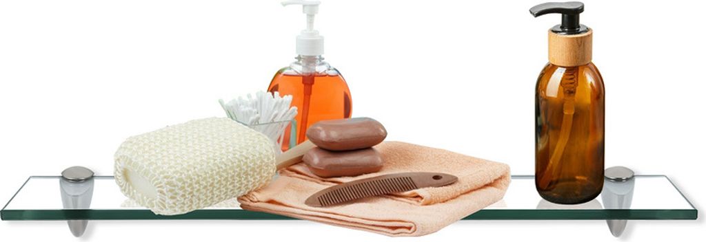 Fiqops Glasablage Glasregal ideal für Bad, Dusche und zur modernen Dekoration mit Halterung aus Edelstahl 8 mm 60x10 cm Klarglas