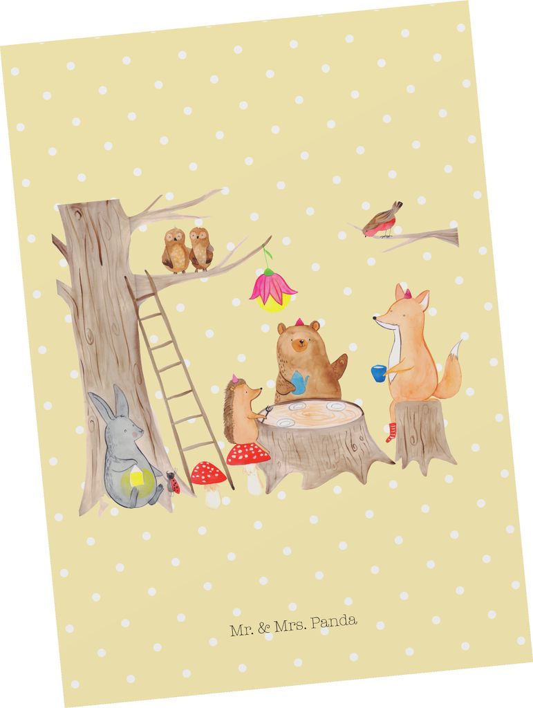 Mr. & Mrs. Panda Postkarte Waldtiere Picknick - Gelb Pastell - Geschenk, Fuchs, Maus, Ansichtskarte, Ansichtskarten, Hase, Postkarten, Lustige Spr...