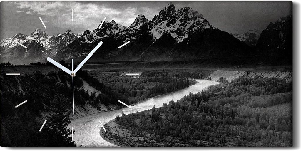 Wanduhr Leinwand Bild Uhr 60x30 Kunst Fluss Vintage dunkle Berge Retro - weiße Hände