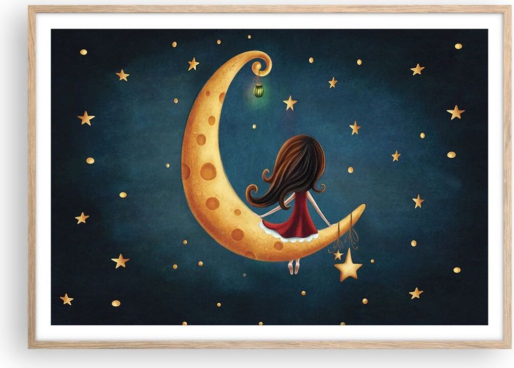 Gerahmtes Poster - Rahmen in heller Eiche - Kinder Mädchen Mond - 100x70 cm - Wand Bild - Wanddeko - Wandbilder - Kunstposter - Wandposter - Bilde...