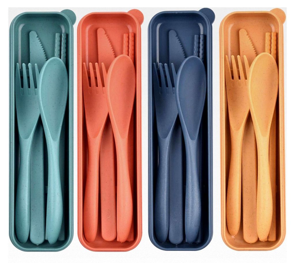 Reisebesteckset mit Tragetasche, tragbares Kunststoffbesteck, wiederverwendbar, Messer, Gabel, Löffel, Essstäbchen, Campingutensilien-Set (4 Sets)