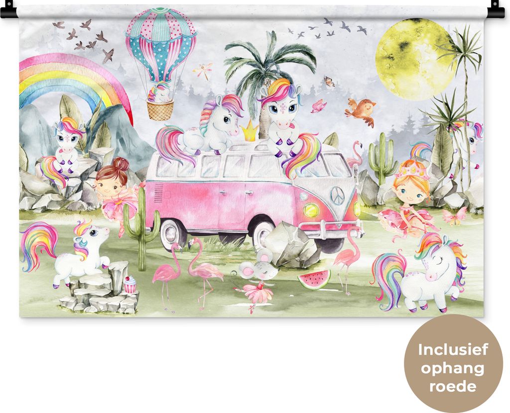 MuchoWow Wandteppich Wandbehang Einhorn - Regenbogen - Kinder - Mädchen - Auto 90x60 cm Tapisserie Dekoration Wandtuch - Wandskulpturen - Bildte...