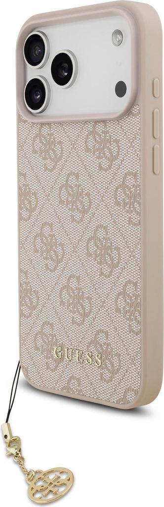 A pink and beige Guess phone case with a gold charm.