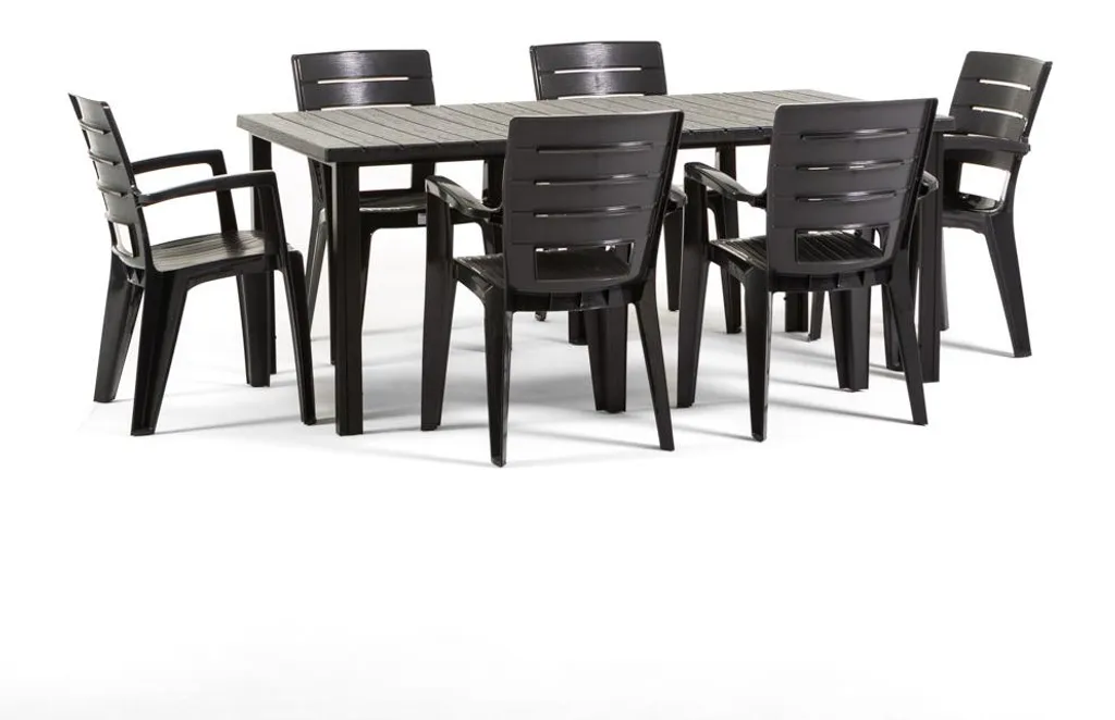 Ensemble table de jardin et 6 chaises avec accoudoirs empilables en noir