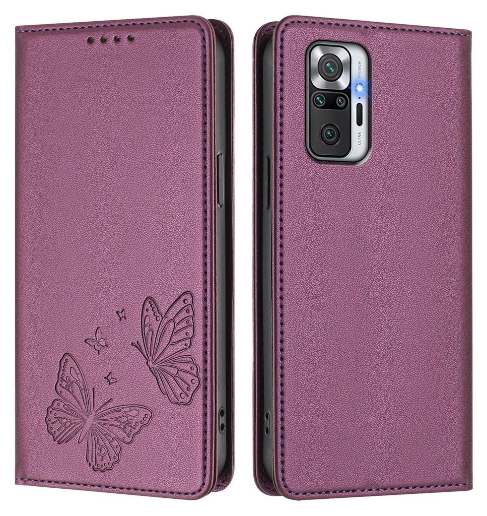Lederhülle für Xiaomi Redmi Note 10 Pro/Note 10 Pro Max, Schmetterling Prägung Leder Brieftasche Schutzhülle mit Ständer Lila