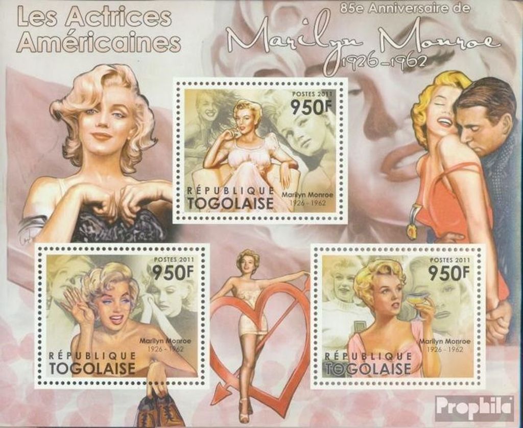 Briefmarken Togo 2011 Mi 4241-4243 Kleinbogen (kompl. Ausgabe) postfrisch Marlyn Monroe (1926-1962)