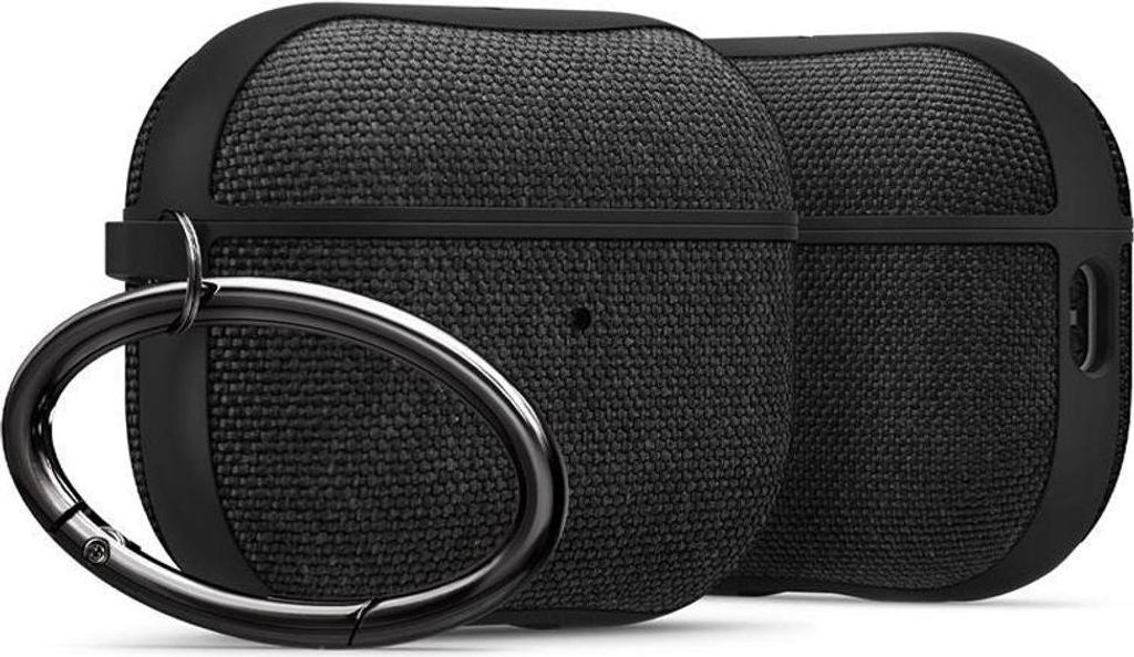 Two black AirPods Pro cases are shown side-by-side against a white background. A black carabiner clip is attached to the front case.