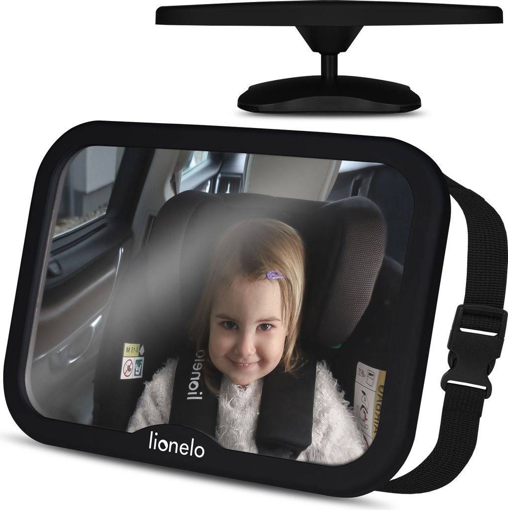A baby car mirror is shown, reflecting a child in a car seat.
