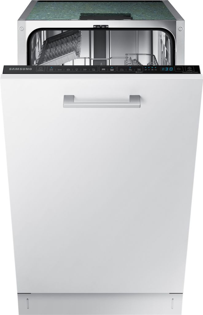 A white Samsung dishwasher with its door open, revealing the interior racks.