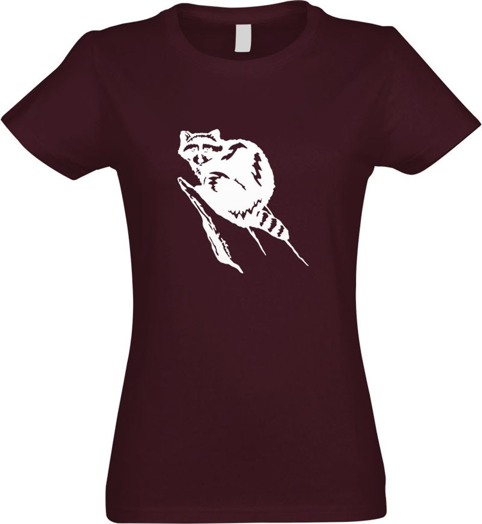 Kiwistar - T-Shirt tailliert - Damen - Burgund - Waschbär Motiv 2 - Pelz - mit Motiv Bedruckt - Funshirt Design - Sport - Freizeit - Damen - S