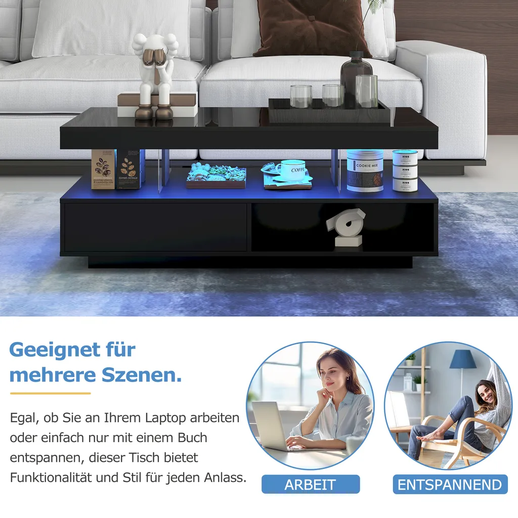 Table Basse pour Salon Moderne avec Éclairage LED et Grand Rangement