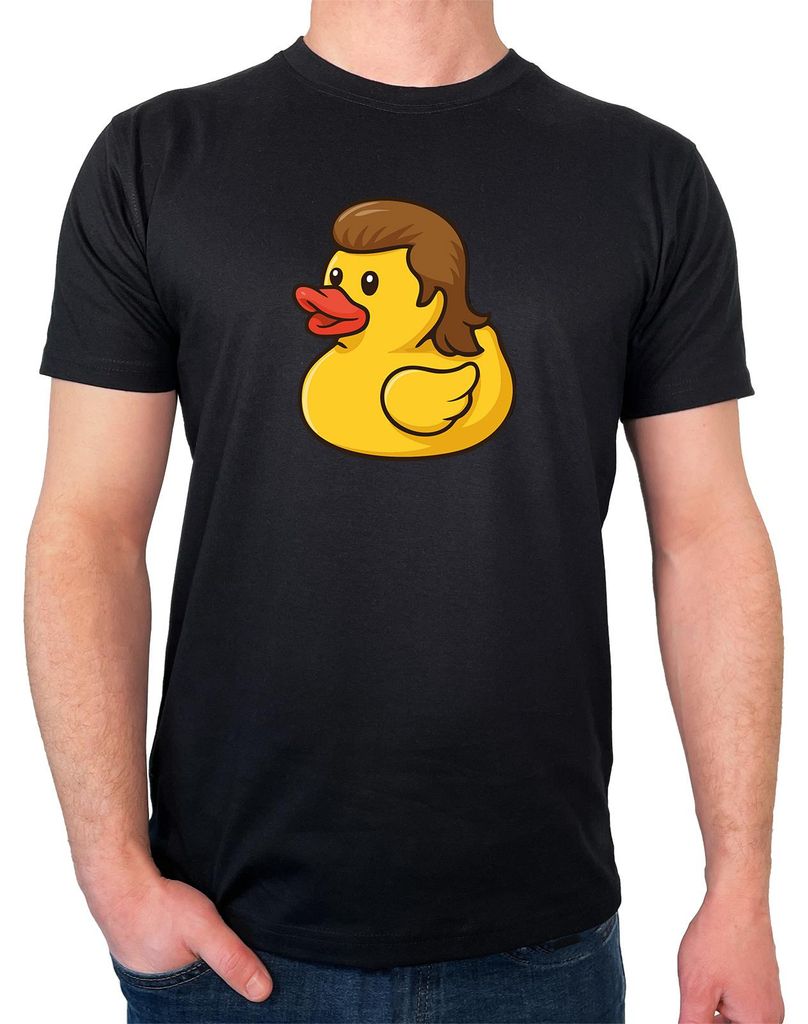 Huuraa Herren T-Shirt Quietscheente Vokuhila Gummiente 80s L Black Bio Baumwolle Fairtrade Herrenshirt Geschenkidee