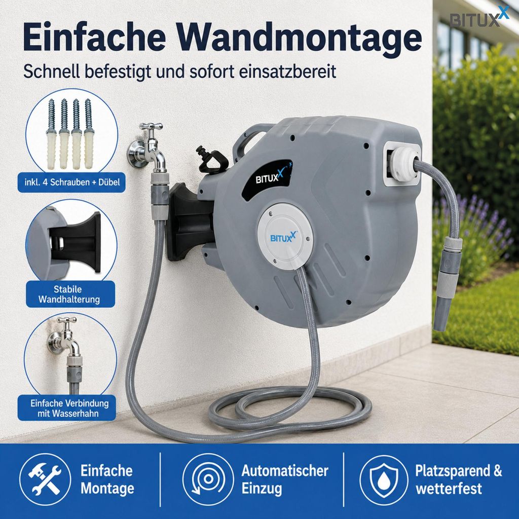 Bituxx® 20 Meter Wand Schlauchtrommel Schlauchaufroller