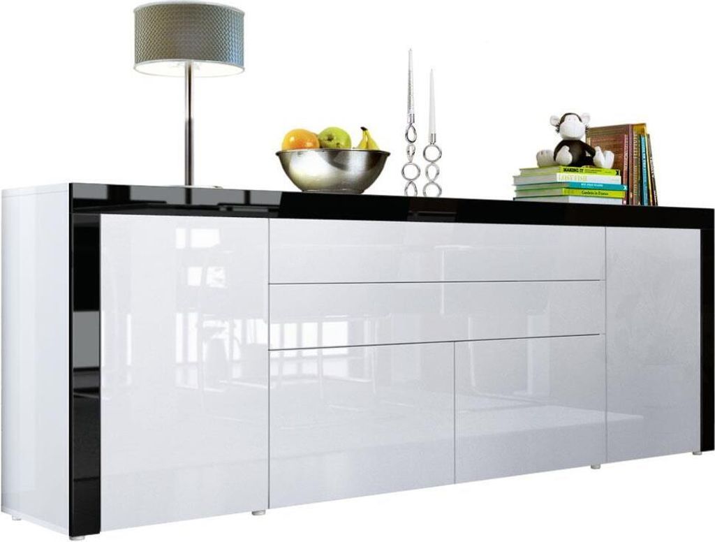 Vladon Sideboard La Paz V2, Germany, Kommode mit 2 Türen, 2 Schubkästen und 2 Klappen, Weiß Hochglanz/Weiß Hochglanz/Schwarz Hochglanz (200 x 7...