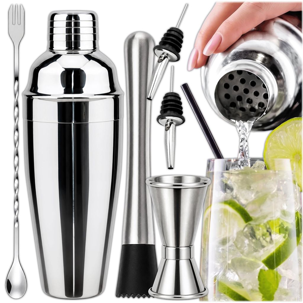 KRUMAD Cocktail Shaker Set 6-teilig, Edelstahl Barset 750 ml mit Messbecher, Barlöffel und Muddler, Cocktail Zubehör für Home Bar