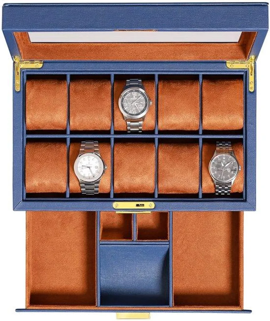 Coffret rangement pour 10 montres en cuir avec tiroir sécurisé bleu luxe