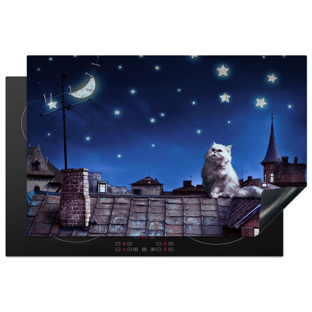 KitchenYeah Herdabdeckplatte Blau - Katze - Nacht - Haus , 81x52cm, Küche Deko, Glaskeramikkochfeld Herdabdeckung, Abdeckplatte fùr Kochfeld