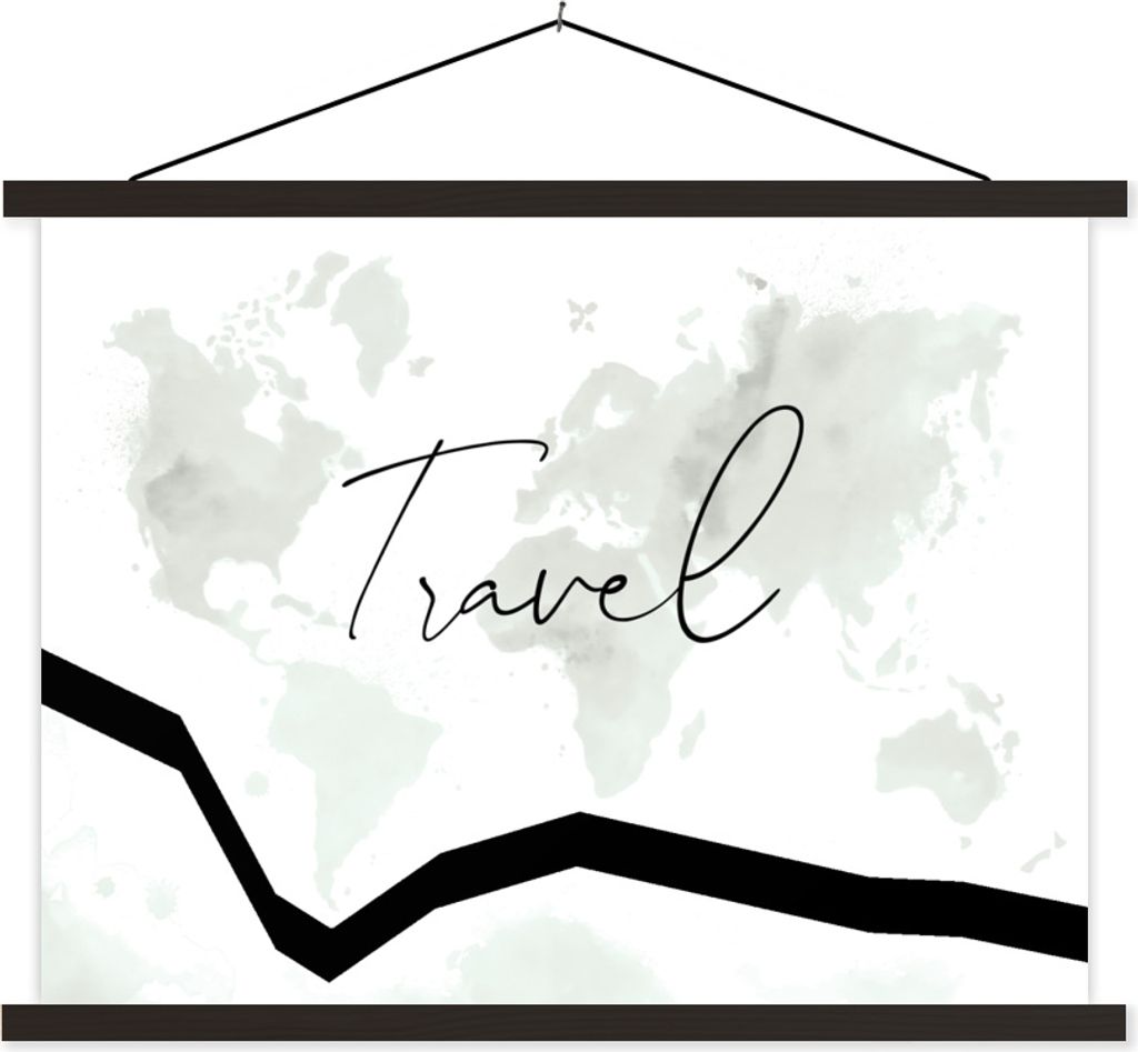 MuchoWow Textilposter Karte - Welt - Reisen - Schwarz - Weiß 150x113 cm mit schwarzem Rahmen - Wohnzimmer