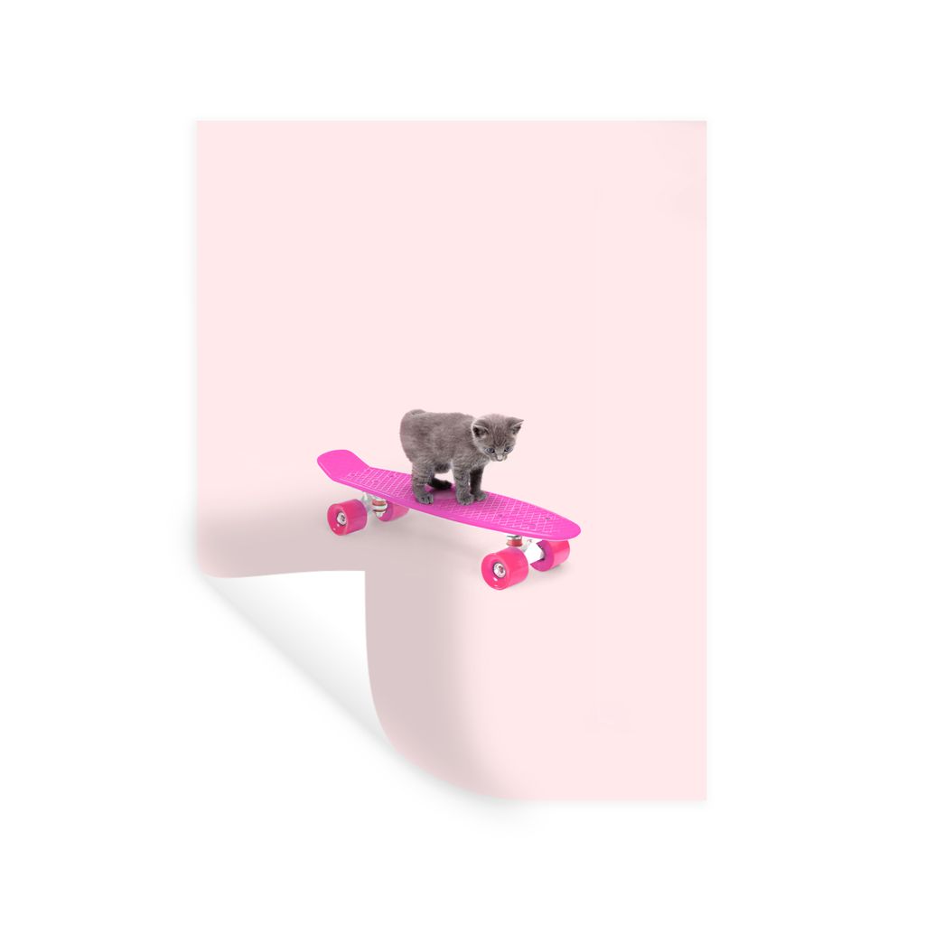 MuchoWow Wandtattoo Wandsticker Wandaufkleber Katze - Kätzchen - Tiere - Skateboard - Rosa 120x160 cm Selbstklebend und Repositionierbar - Wierd...
