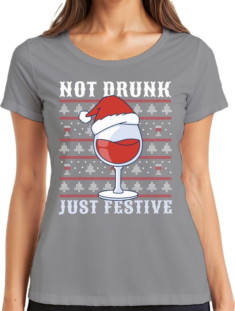 Not Drunk Just Festive Weinliebhaber - Ugly Christmas Sweater Weihnachten Weihnachtsgeschenk Damen T-Shirt, Grau, S