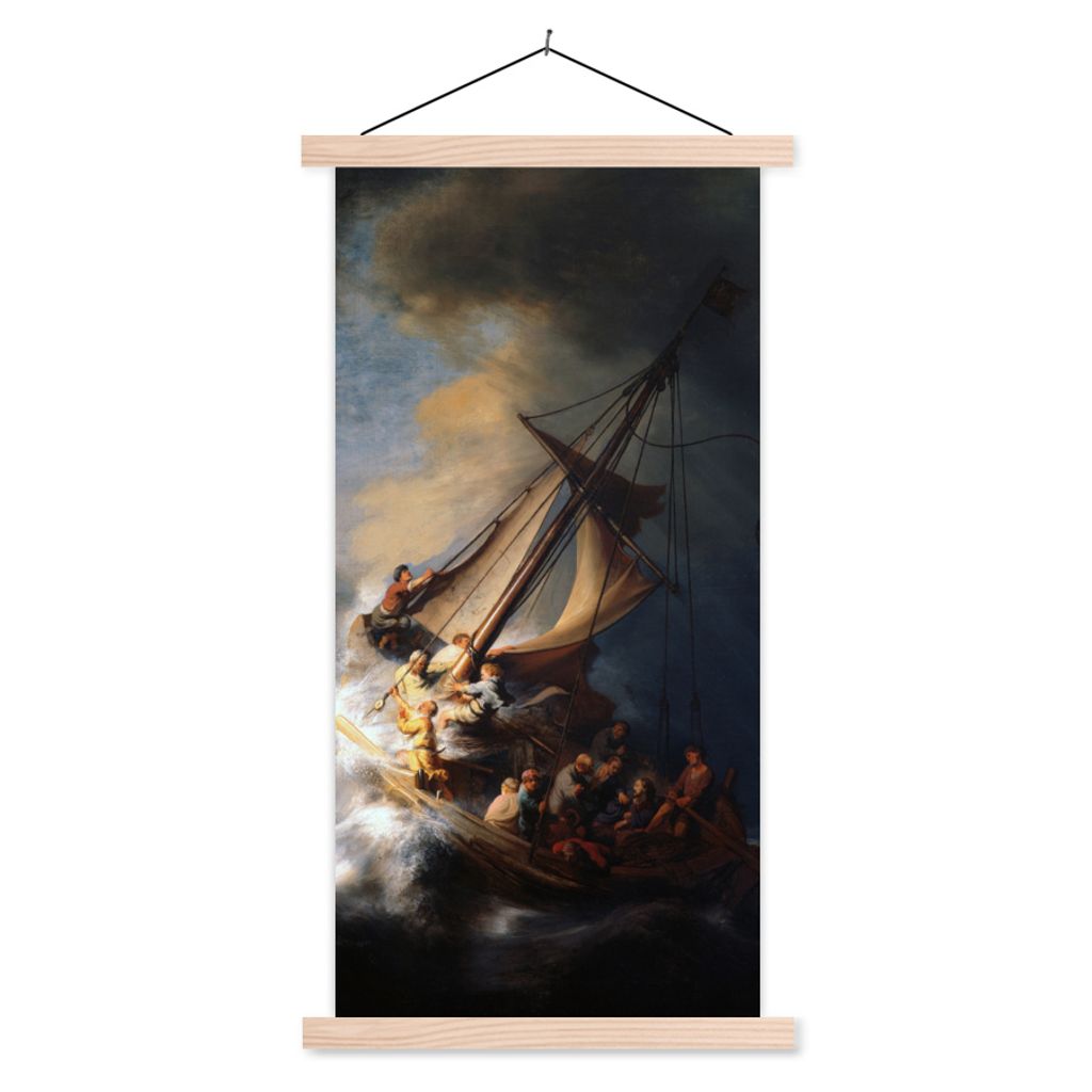 Textilposter - Der Sturm auf dem See Genezareth - Rembrandt van Rijn - 60x120 cm - mit holzfarbenen Rahmen