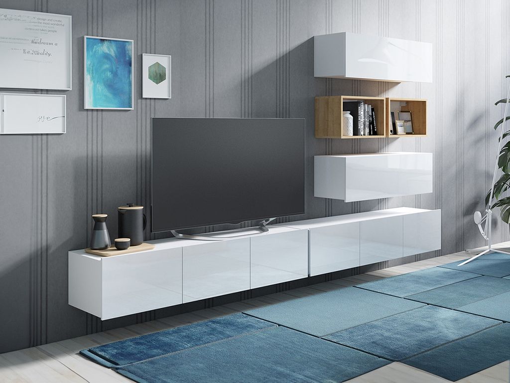 Wohnwand CALABRINI-27 Wohnzimmer-Set Hängewohnwand Schrankwand Schrank TV-Schrank Moderne Anbauwand Hochglanz (Weiß / Goldene Eiche)