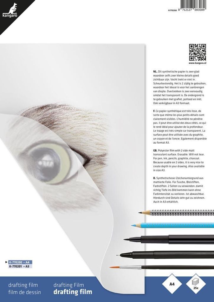 Drafting film Kangaro A4, 25 vel, 0,005" (0,127mm) 2 zijdig Productafbeelding 