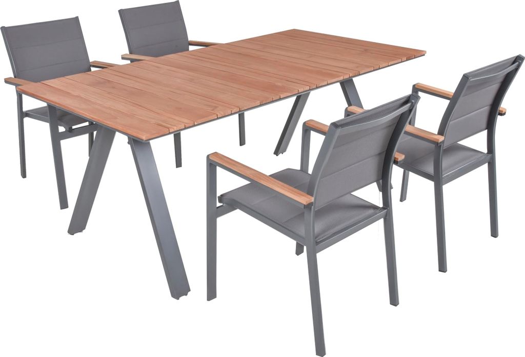 Garten-Sitzgruppe HEIKE 5-tlg. - Teak, Hellbraun | Gartenmöbel-Set Gartengarnitur Garten-Essgruppe mit Stühlen und Esstisch
