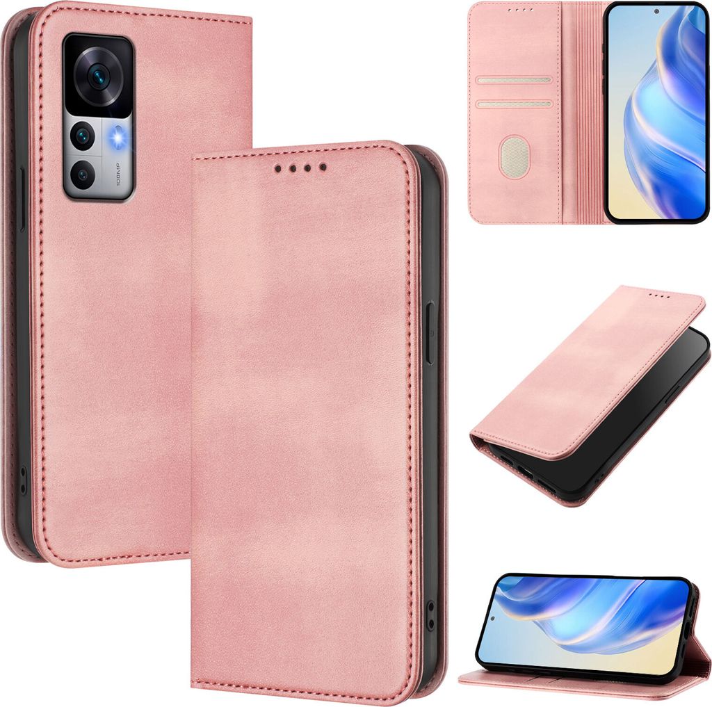 Handyhülle für Xiaomi 12T / 12T Pro, Vintage Leder RFID Schutz Kartenfach Standfunktion Magnetische Klapphülle Pink