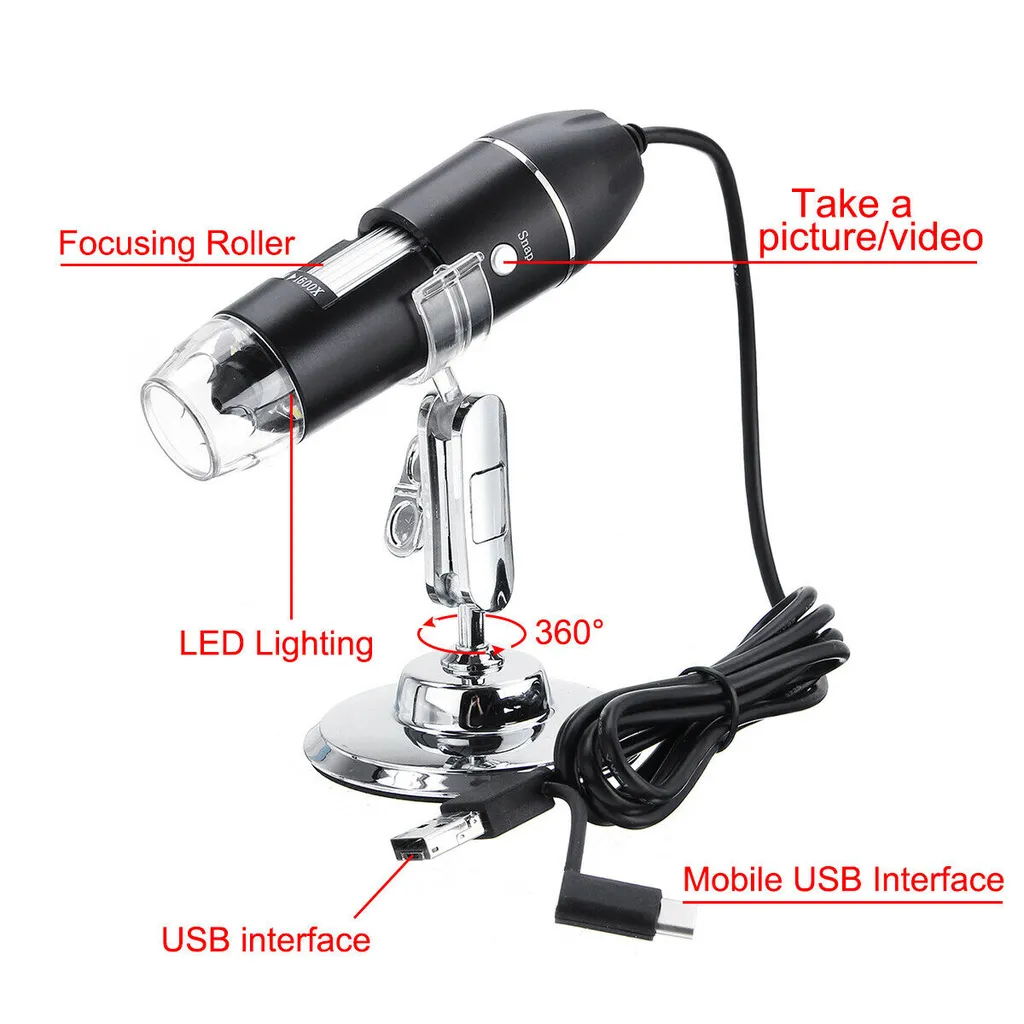 0X USB XuuSHA Mikroskop-Zubehör-Kit Objektträger-Vorbereitungska 160 Digitale Mikroskopkamera 8LED Lupe mit Metallstand Zubehör für Mikroskope Magnification : 1600X 