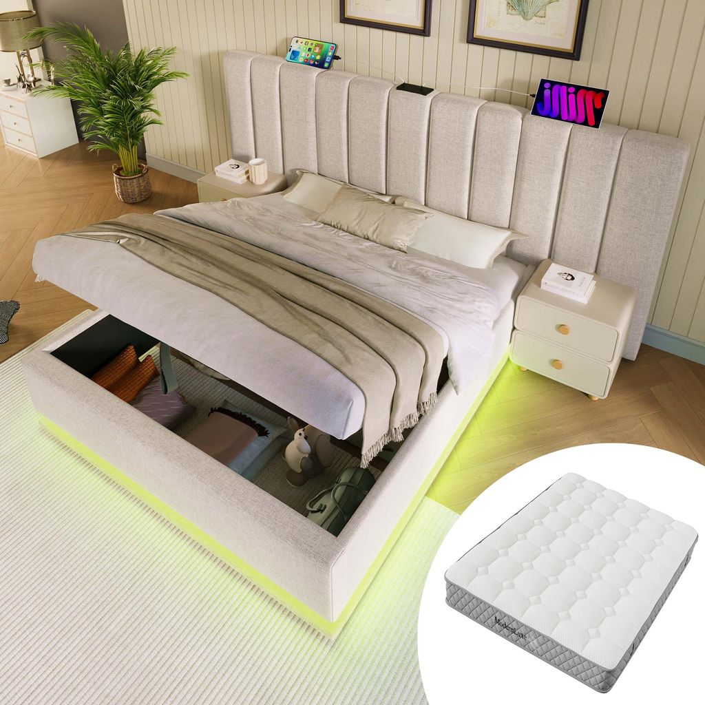 MODFU Doppelbett mit Matratze 180x200 Polsterbett mit Integrierte Ladefunktion und LED-Lichtleiste mit Steuerung,Stauraumbett mit 3 mittleren Stüt...