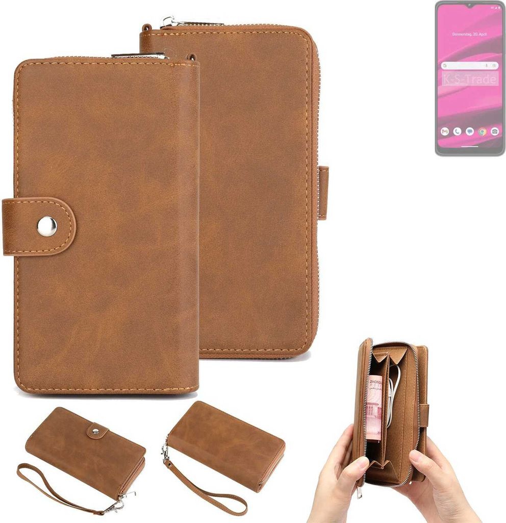 K-S-Trade Handyhülle Schutzhülle kompatibel mit Telekom T Phone 2023 & Portemonnee Tasche Handytasche Case Etui Geldbörse Wallet braun (1x)