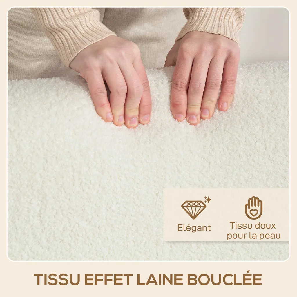 Fauteuil de salon tissu bouclé blanc crème et structure robuste bois - 7