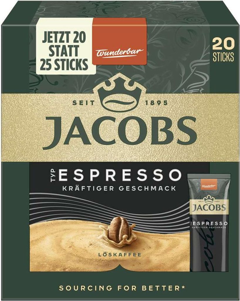 The image shows the front packaging of Jacobs Espresso instant coffee sticks.