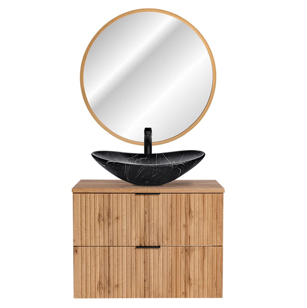 Badmöbelset Wotaneiche Rillenoptik Keramik Waschtisch, 80 cm LED-Spiegel gold gebürstet, B/H/T 80,6/200/46,5 cm
