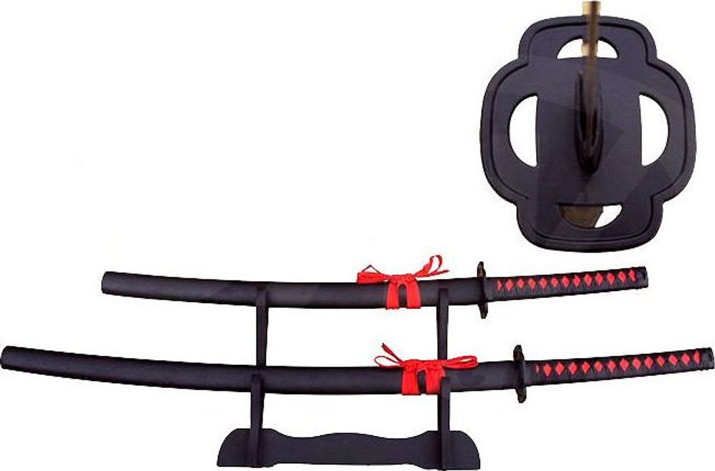 A set of two decorative Japanese swords (Katana and Wakizashi) displayed on a black stand, with a sword guard shown separately.