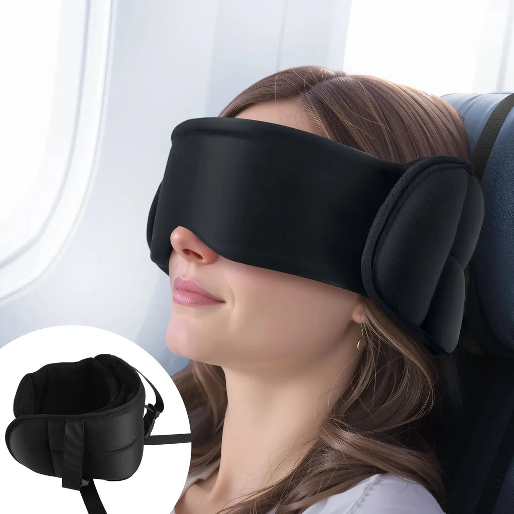Oreiller de voyage avec masque de sommeil Noir pour enfant et avion