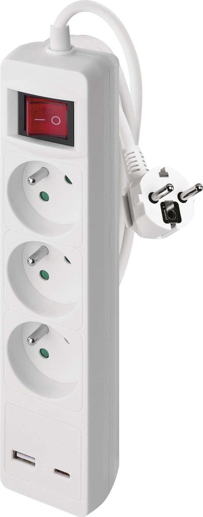 Prodlužovací kabel 2 m / 3 zásuvky / s vypínačem / bílý / 1×USB-A + 1×USB-C / 1,5 mm2