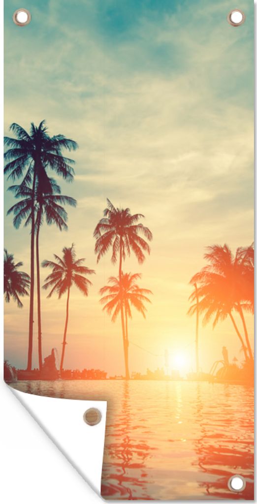 MuchoWow 40x80 cm Outdoor-Poster Gartendeko Sichtschutz Garten Poster für den Garten Meer - Sonnenuntergang - Palme - Wolken
