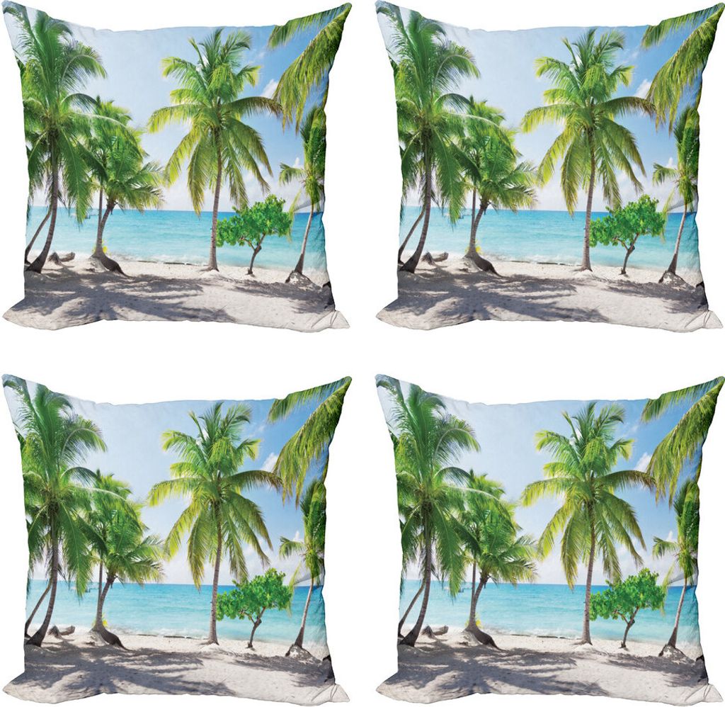ABAKUHAUS Strand Kissenbezug Set (4 Stück), Palmen-Insel Shore, Moderner Doppelseitiger Digitaldruck, 60 cm x 60 cm, Grün Aqua Coconut