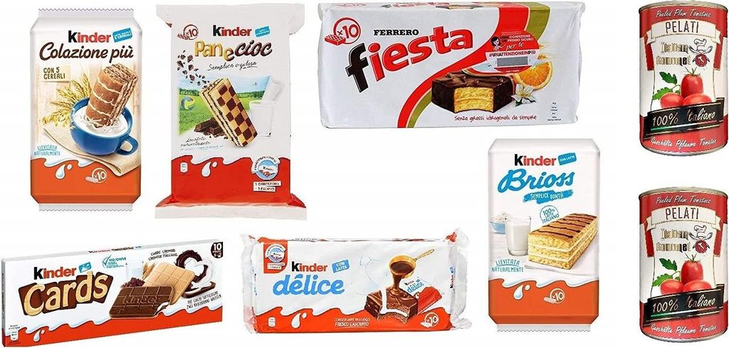 Testpaket Kinder Ferrero Brioss Colazione più Panecioc Delice Fiesta Snack + Italian Gourmet 100% italienische geschälte Tomaten dosen 2x 400g