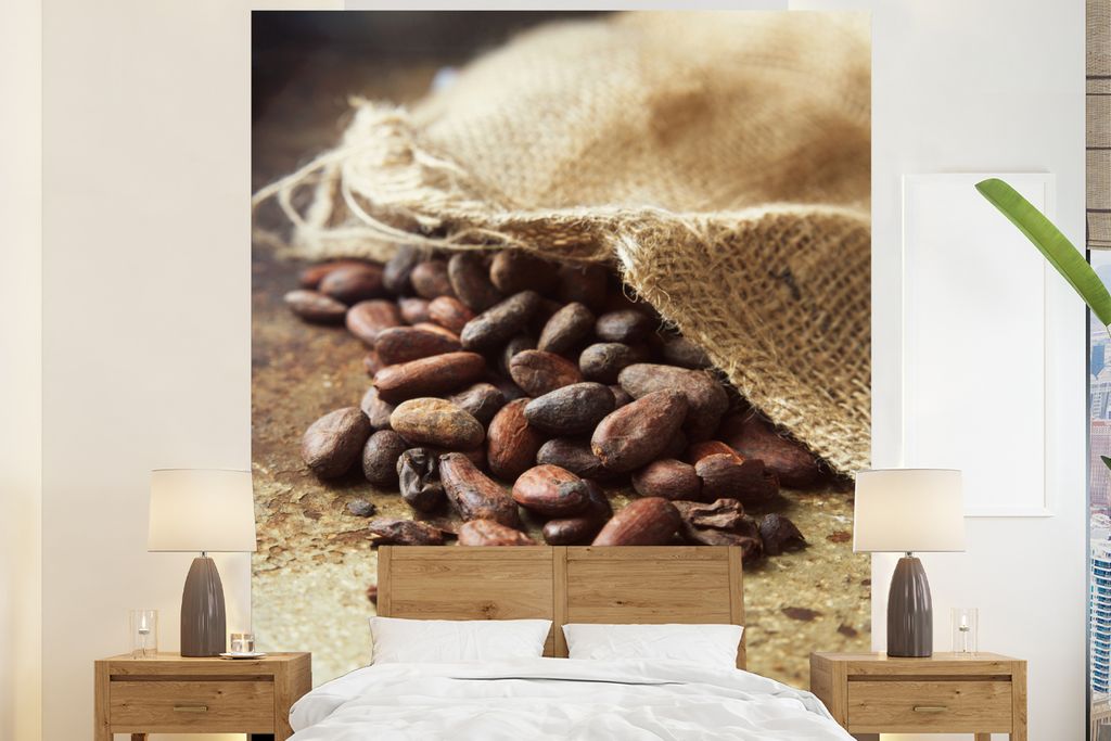 MuchoWow Fototapete für Wohnzimmer oder Schlafzimmer Wandtapete Vinyl Motivtapete Jutesack mit den braunen Kakaobohnen - 225x280 cm - Wohnzimmer...