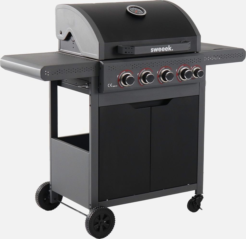 sweeek - Gasgrill mit 4 Brennern + 1 Seitenbrenner - Schwarz