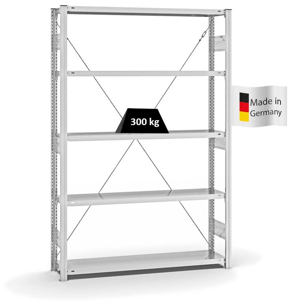PROREGAL Fachbodenregal Stecksystem MAGNUS Germany | HxBxT 200x130x30cm | 5 Ebenen | Fachlast 300 kg | Einseitig nutzbar | Lichtgrau