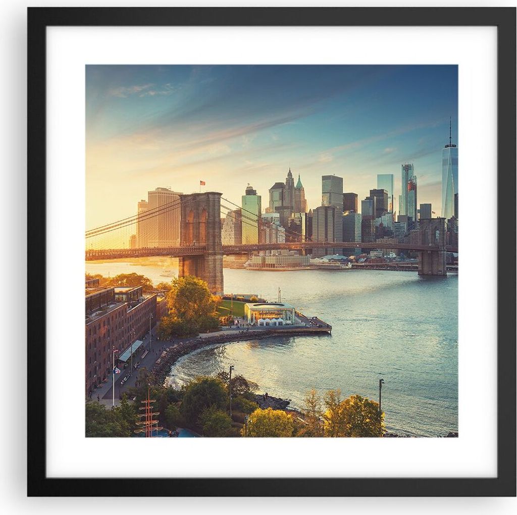 Gerahmtes Poster - Schwarzer Rahmen - New York Brücke - 40x40 cm - Wand Bild - Wanddeko - Wandbilder - Kunstposter - Wandposter - Bilderrahmen - B...