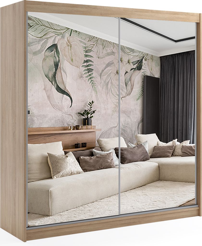 ALTDECOR Kleiderschrank mit Spiegel und Schiebetüren, kugelgelagerte Führungsschienen und Aluminium-Leisten, mit LED-Beleuchtung und Fernbedienun...