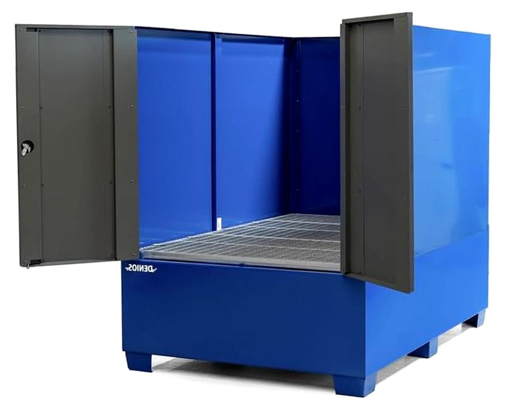 Stahlauffangwanne für 1 IBC à 1000 Liter, 1400 Liter, mit Abfüllbereich, Schutzwänden und -tür