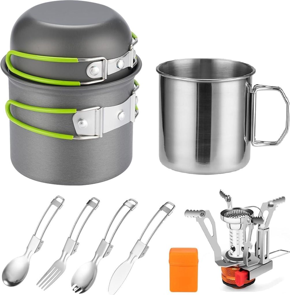 Camping Kochgeschirr Mess Kit für 1 Person, ISFORU Antihaft-Kochset enthalten Rucksack Topf und Pfanne Set mit 304 Edelstahl Tasse Utensilien